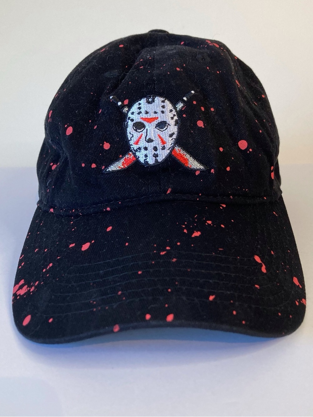 Friday The 13th Hat, Black With Pink Red Splatter, Embroidered Jason Mask,Horror